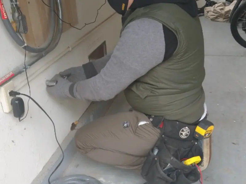 Electrician performing outlet wiring in a Clarion garage